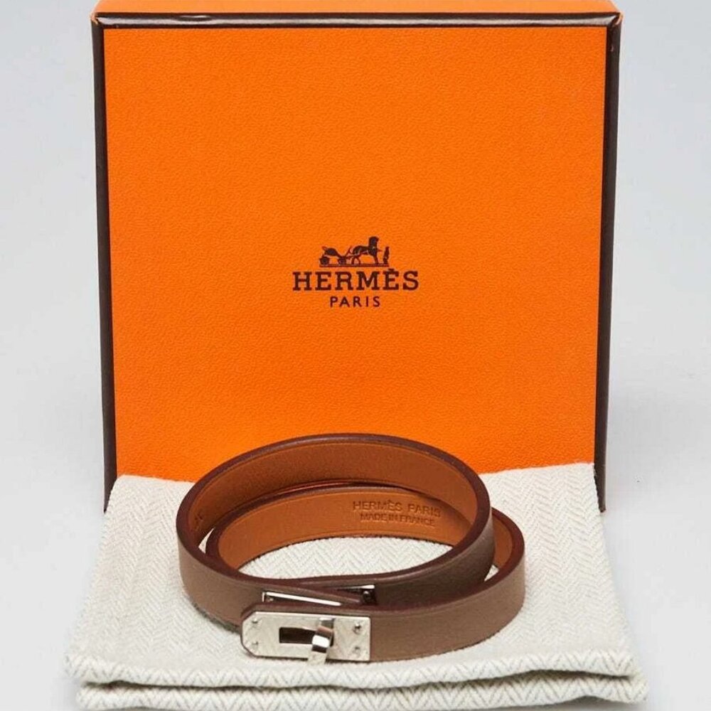 Hermes Etoupe Swift Leather Palladium Plated Mini Kelly Double Tour Bracelet